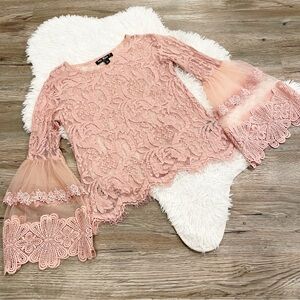 Say What? Blush Lace Top Coquette Ethereal Fairy Girlie Feminine Bell Sleeves